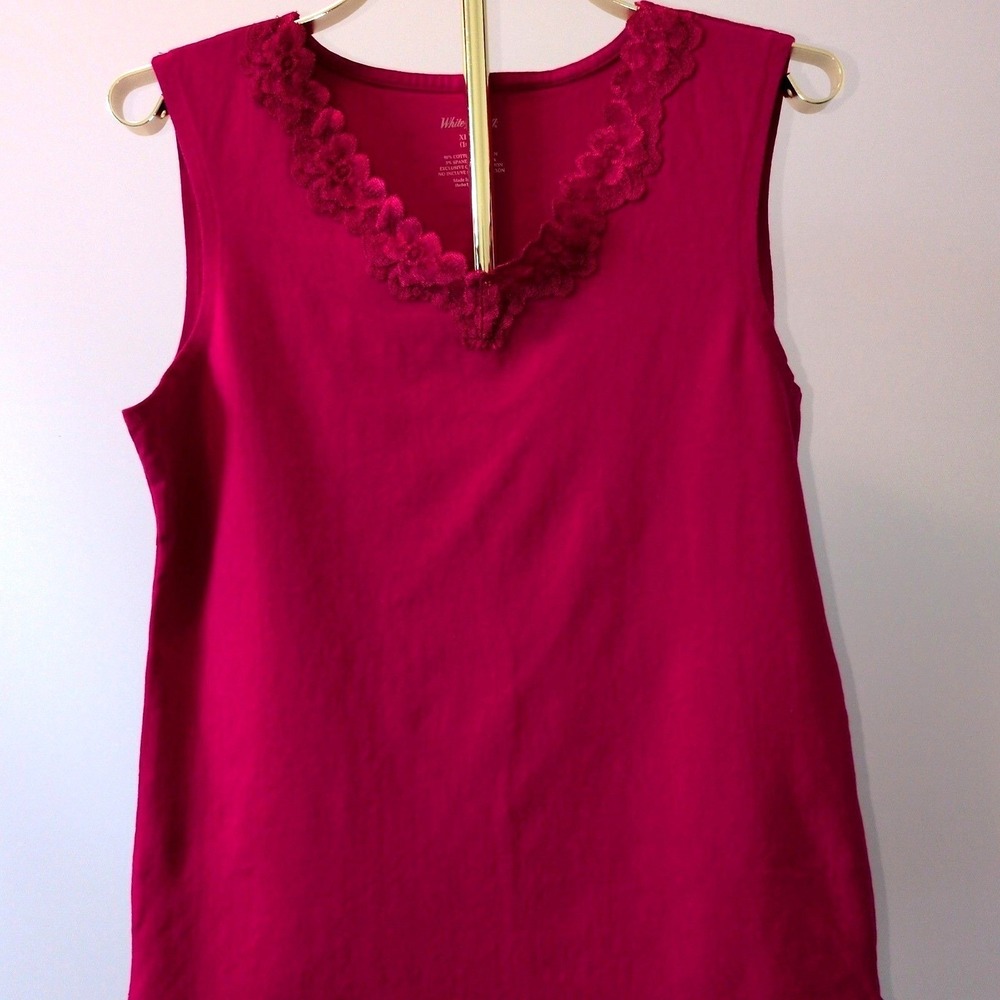White Stag Women XL Sleeveless Tank Top Berry Pink Lace Trim V-Neck WL13200H